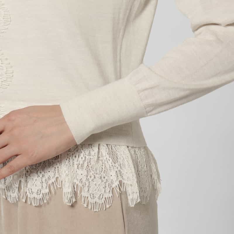 BARNEYS NEW YORK レースヘム クルーネックニットカーディガン WHITE