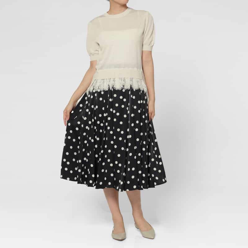 BARNEYS NEW YORK レースヘム ハーフスリーブ クルーネックニットプルオーバー WHITE