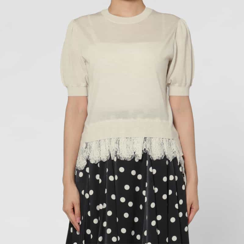 BARNEYS NEW YORK レースヘム ハーフスリーブ クルーネックニットプルオーバー WHITE