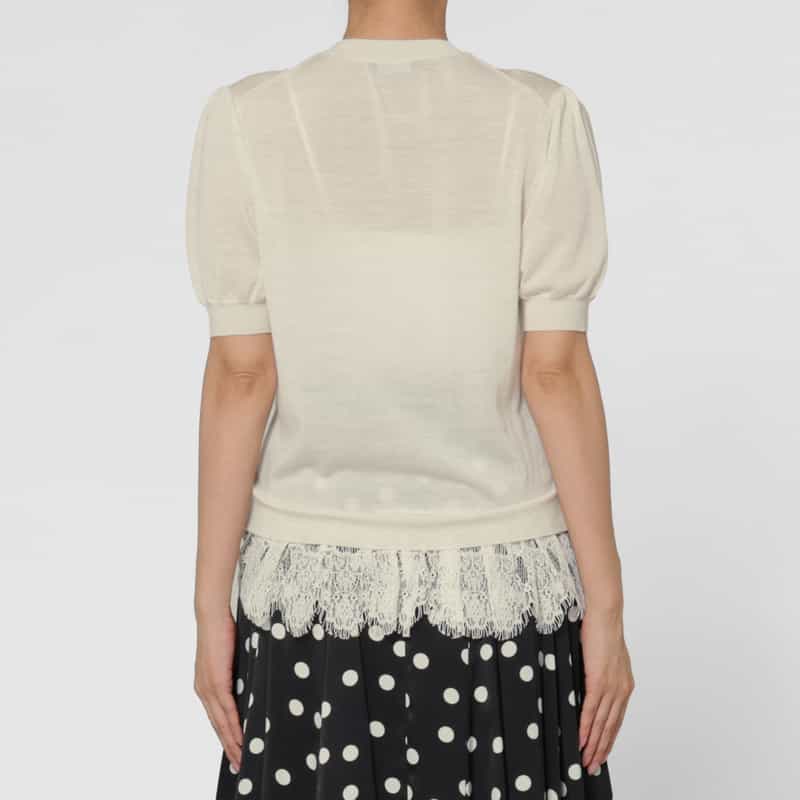 BARNEYS NEW YORK レースヘム ハーフスリーブ クルーネックニットプルオーバー WHITE