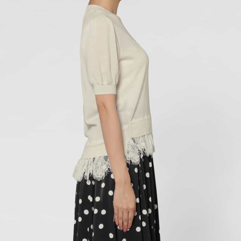 BARNEYS NEW YORK レースヘム ハーフスリーブ クルーネックニットプルオーバー WHITE