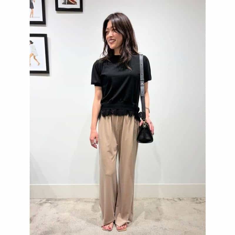 BARNEYS NEW YORK レースヘム ハーフスリーブ クルーネックニットプルオーバー BLACK