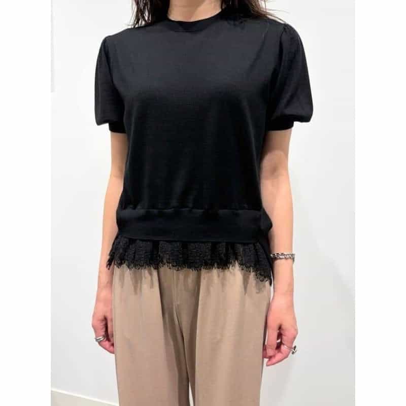BARNEYS NEW YORK レースヘム ハーフスリーブ クルーネックニットプルオーバー BLACK