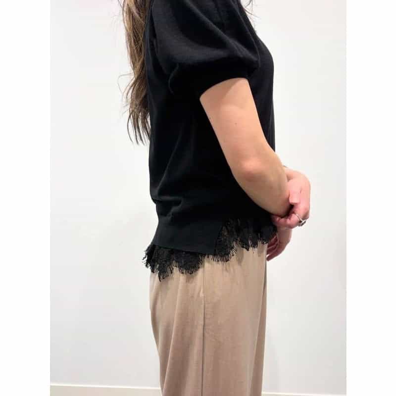BARNEYS NEW YORK レースヘム ハーフスリーブ クルーネックニットプルオーバー BLACK