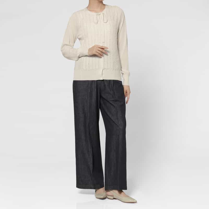 BARNEYS NEW YORK ウォッシャブル ウール素材フリンジデザイン ハーフスリーブ リボンニットカーディガン WHITE