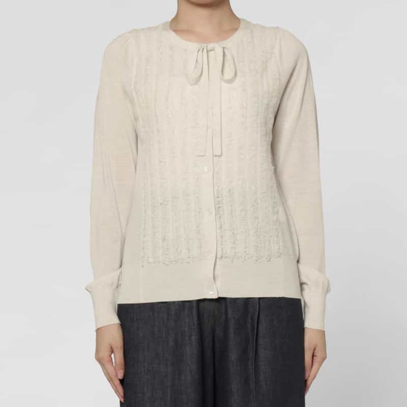 BARNEYS NEW YORK ウォッシャブル ウール素材フリンジデザイン ハーフスリーブ リボンニットカーディガン WHITE