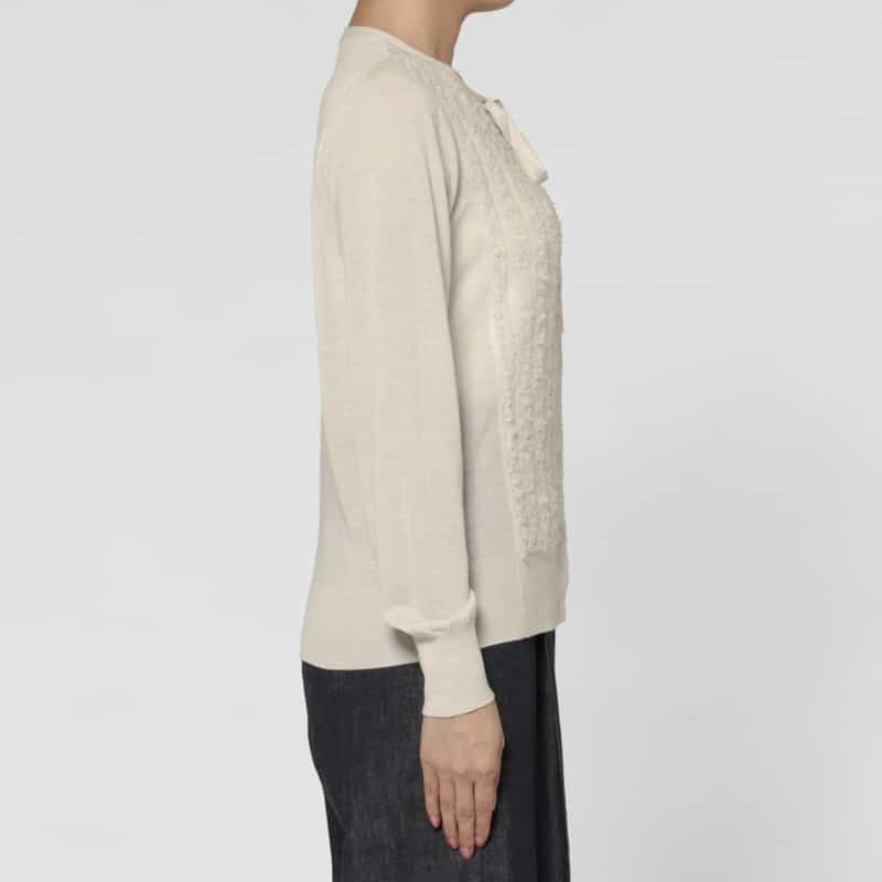 BARNEYS NEW YORK ウォッシャブル ウール素材フリンジデザイン ハーフスリーブ リボンニットカーディガン WHITE