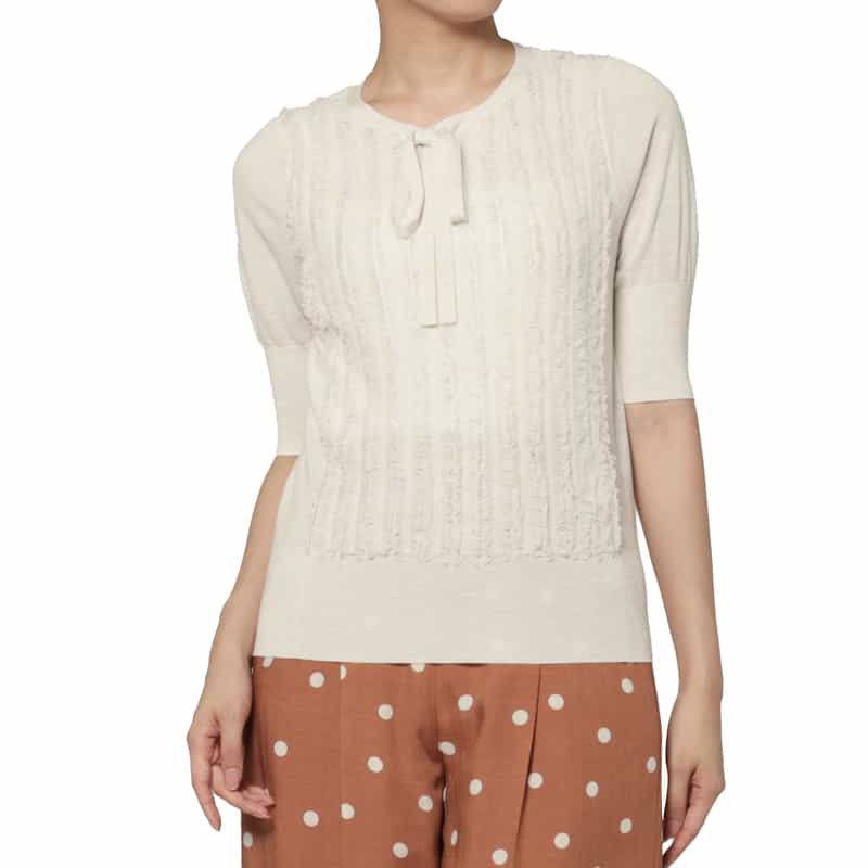BARNEYS NEW YORK ウォッシャブル ウール素材フリンジデザイン ハーフスリーブ リボンニットプルオーバー WHITE