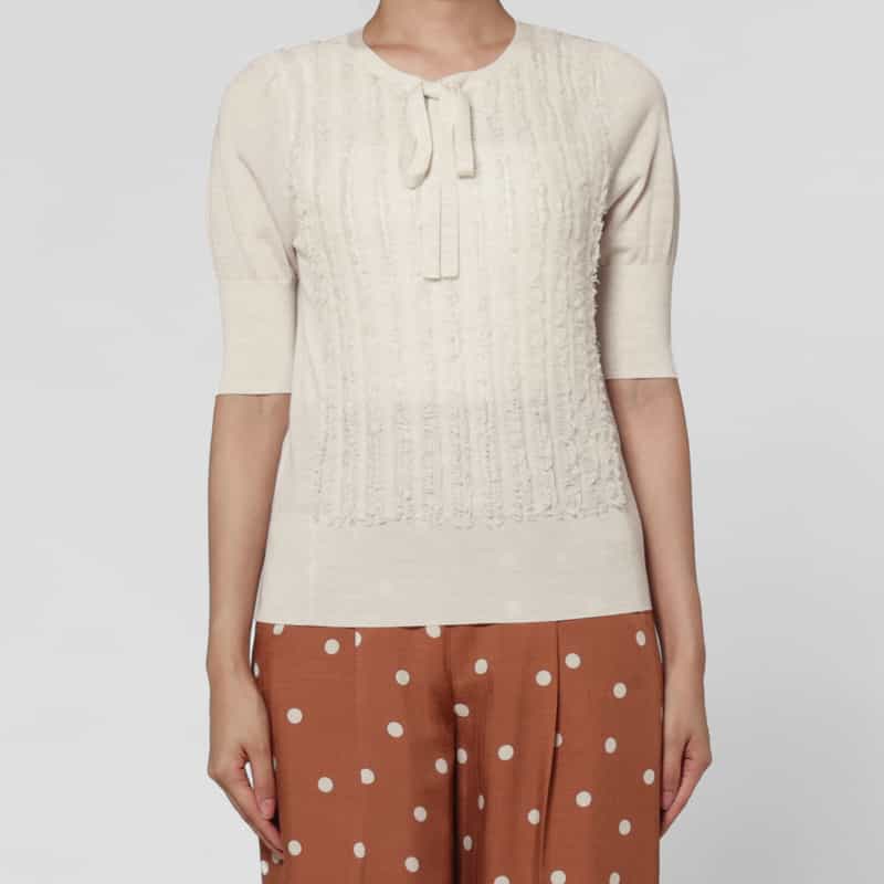 BARNEYS NEW YORK ウォッシャブル ウール素材フリンジデザイン ハーフスリーブ リボンニットプルオーバー WHITE