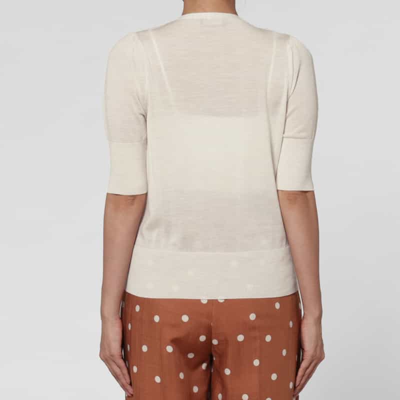 BARNEYS NEW YORK ウォッシャブル ウール素材フリンジデザイン ハーフスリーブ リボンニットプルオーバー WHITE