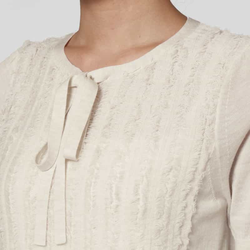 BARNEYS NEW YORK ウォッシャブル ウール素材フリンジデザイン ハーフスリーブ リボンニットプルオーバー WHITE