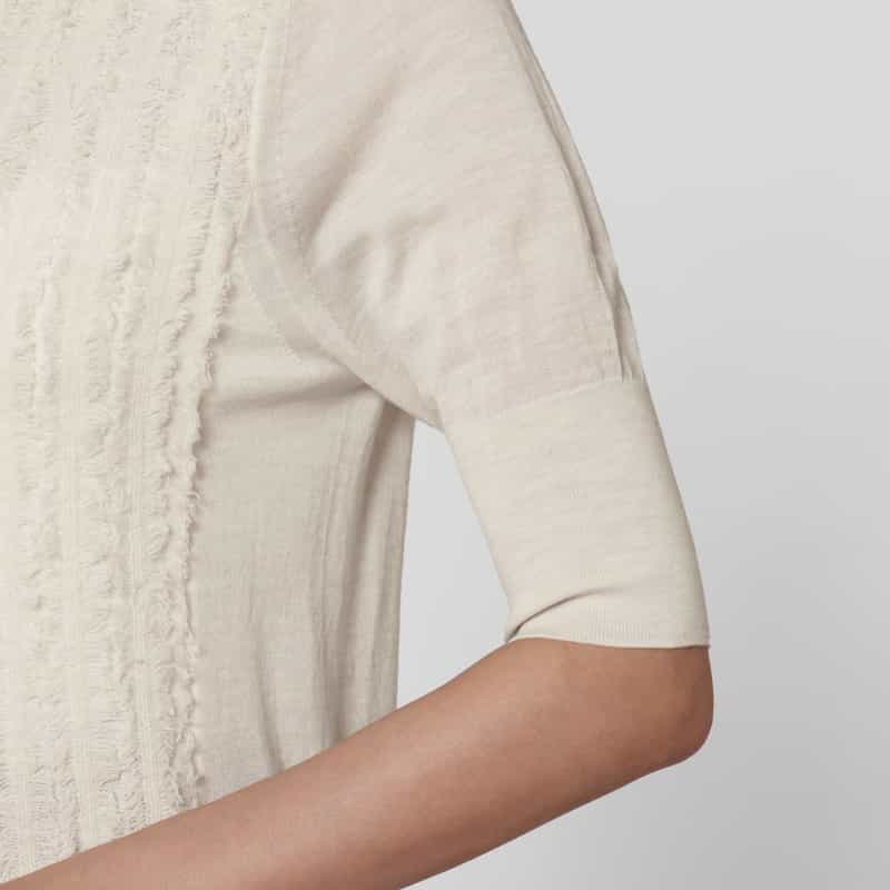 BARNEYS NEW YORK ウォッシャブル ウール素材フリンジデザイン ハーフスリーブ リボンニットプルオーバー WHITE