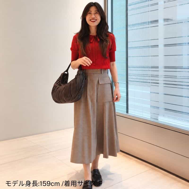 BARNEYS NEW YORK ウォッシャブル ウール素材フリンジデザイン ハーフスリーブ リボンニットプルオーバー RED