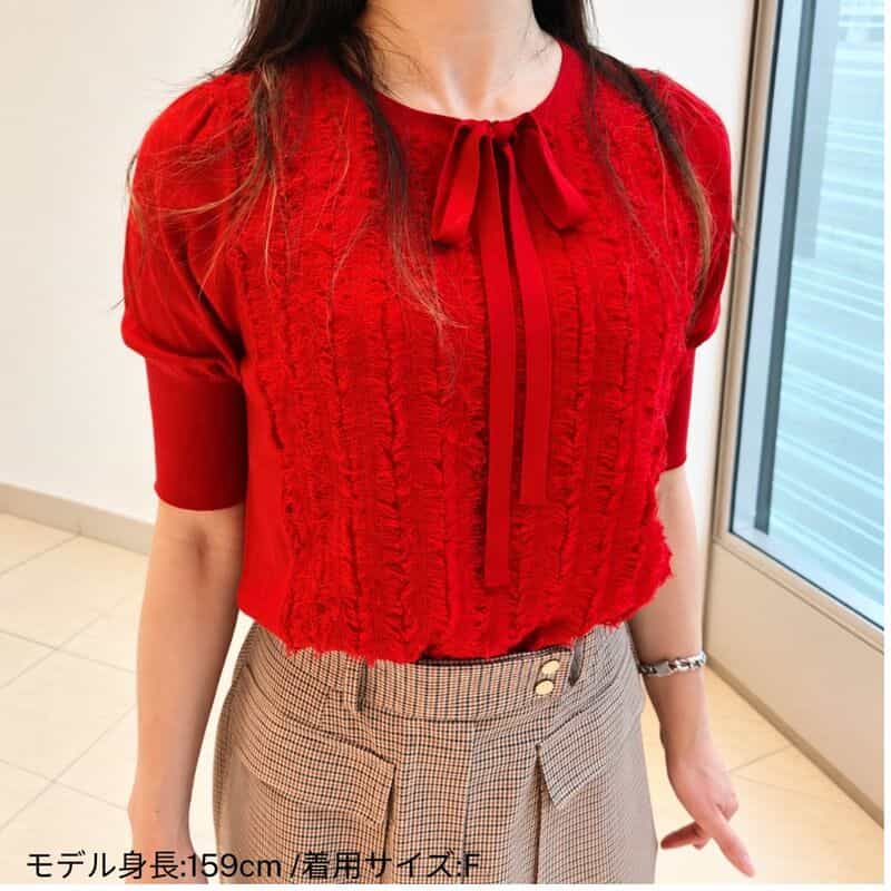 BARNEYS NEW YORK ウォッシャブル ウール素材フリンジデザイン ハーフスリーブ リボンニットプルオーバー RED