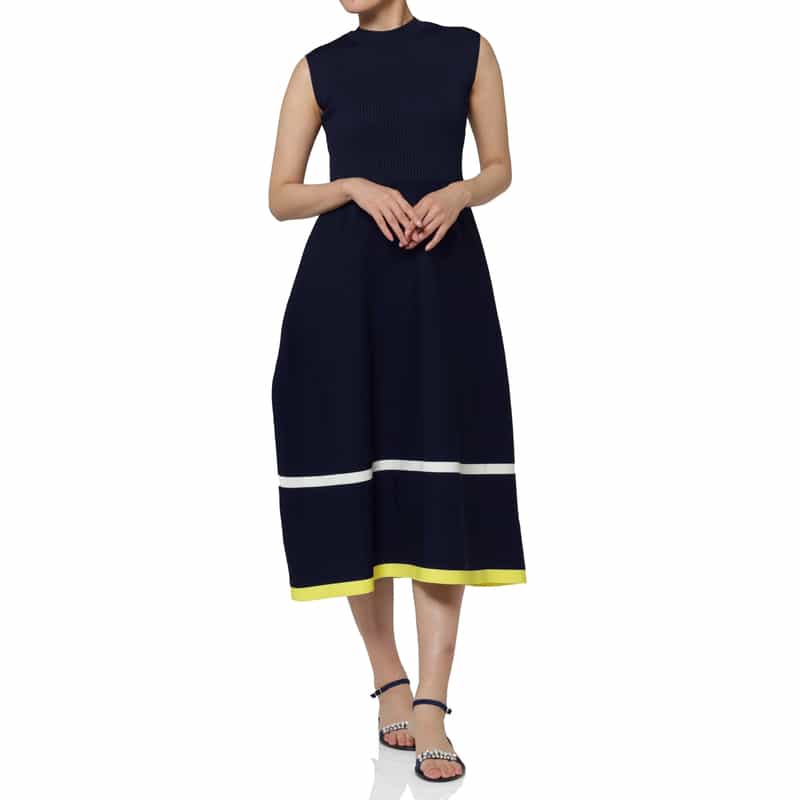 BARNEYS NEW YORK ウォッシャブル ノースリーブ マルチカラーライン リブニットフレアドレス NAVY