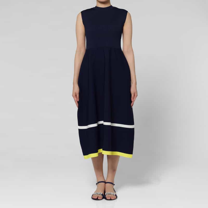 BARNEYS NEW YORK ウォッシャブル ノースリーブ マルチカラーライン リブニットフレアドレス NAVY