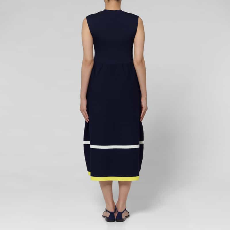 BARNEYS NEW YORK ウォッシャブル ノースリーブ マルチカラーライン リブニットフレアドレス NAVY