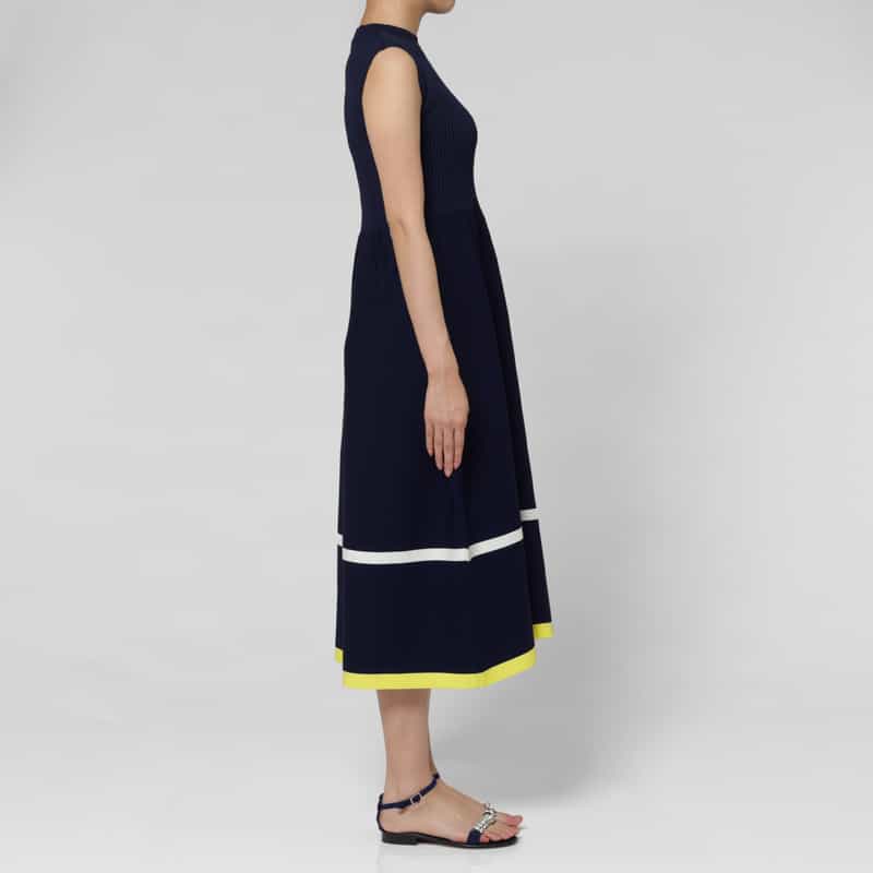 BARNEYS NEW YORK ウォッシャブル ノースリーブ マルチカラーライン リブニットフレアドレス NAVY