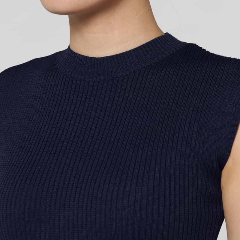 BARNEYS NEW YORK ウォッシャブル ノースリーブ マルチカラーライン リブニットフレアドレス NAVY