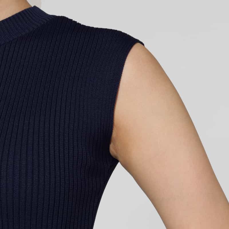 BARNEYS NEW YORK ウォッシャブル ノースリーブ マルチカラーライン リブニットフレアドレス NAVY