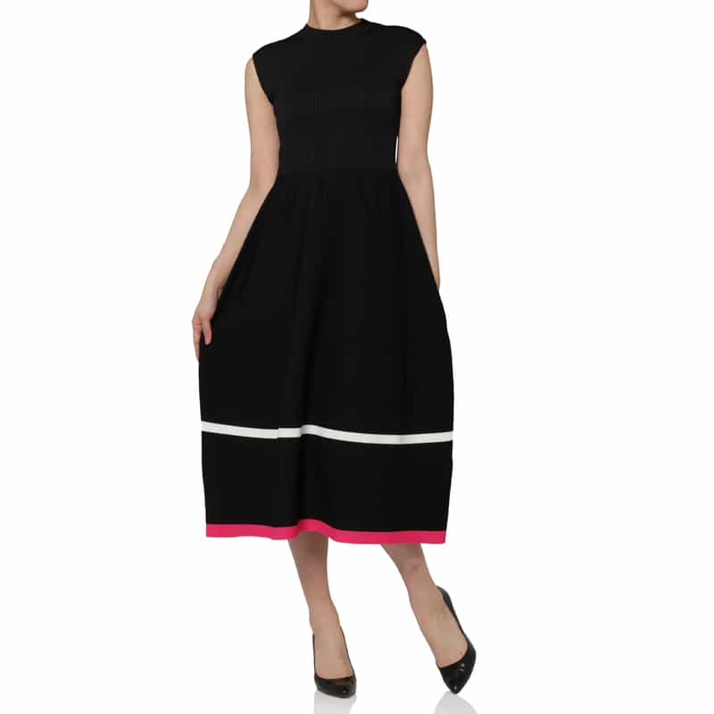 BARNEYS NEW YORK ウォッシャブル ノースリーブ マルチカラーライン リブニットフレアドレス BLACK