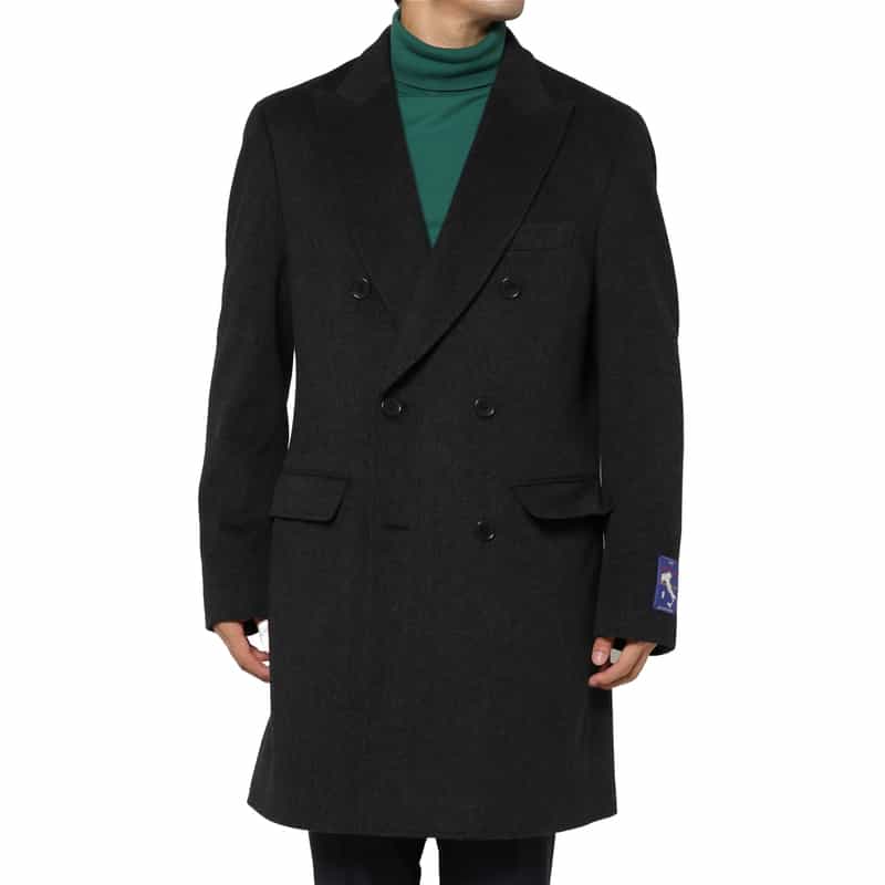 BARNEYS NEW YORK カシミヤ100％ヘリンボーン柄ダブルブレストロングコート DARK GRAY