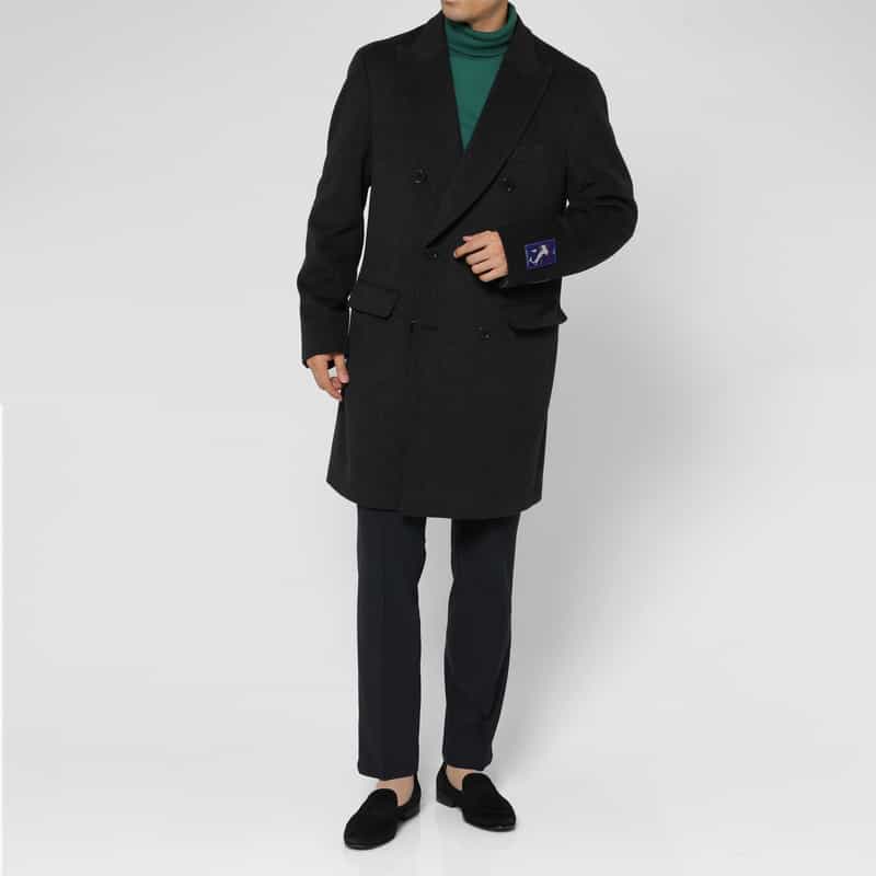 BARNEYS NEW YORK カシミヤ100％ヘリンボーン柄ダブルブレストロングコート DARK GRAY
