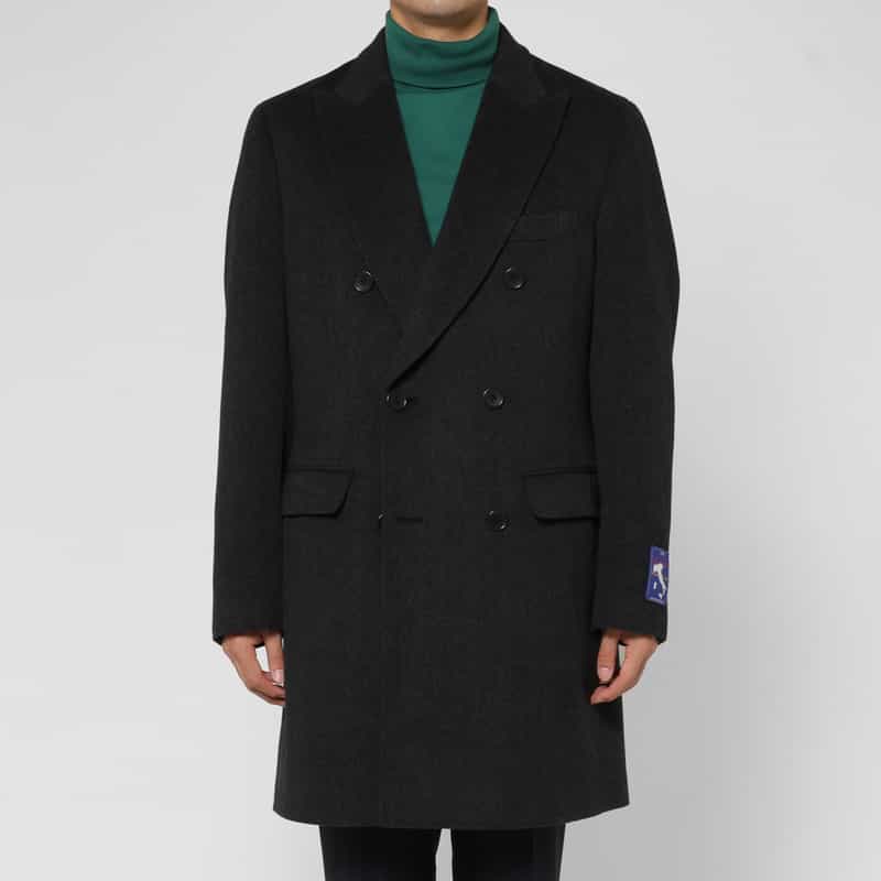 BARNEYS NEW YORK カシミヤ100％ヘリンボーン柄ダブルブレストロングコート DARK GRAY