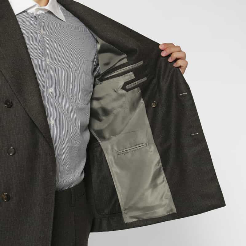 BARNEYS NEW YORK ウールフランネル素材ストライプ柄ダブルブレストスーツ"BROOKLYN" DARK GRAY