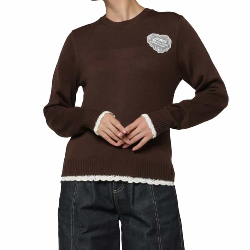 GANNI GANNI ＜ガニー＞ フリルレースデザイン ニットプルオーバー BROWN