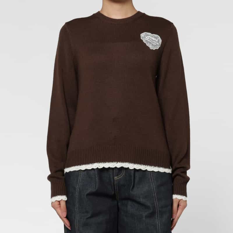 GANNI GANNI ＜ガニー＞ フリルレースデザイン ニットプルオーバー BROWN