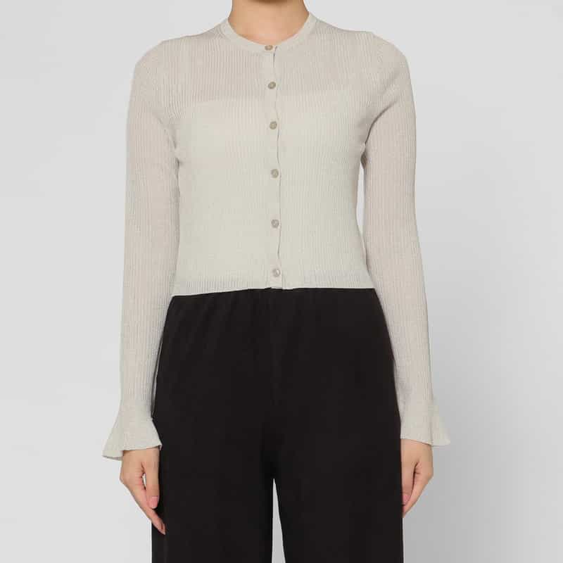 BARNEYS NEW YORK ウォッシャブル シアー素材ラメリブニットカーディガン WHITE