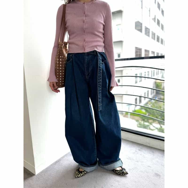 BARNEYS NEW YORK ウォッシャブル シアー素材ラメリブニットカーディガン PINK