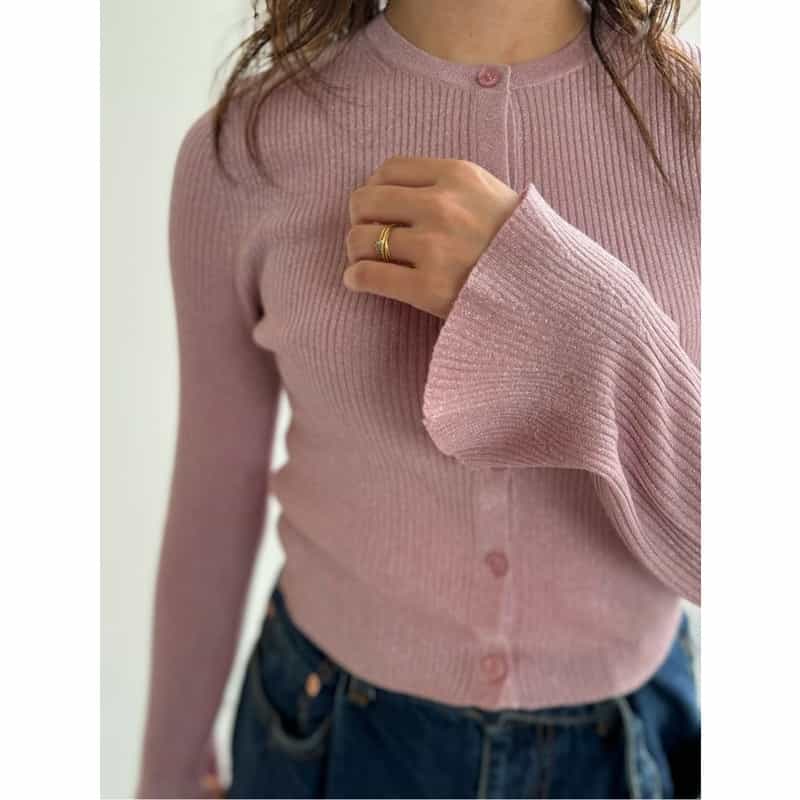 BARNEYS NEW YORK ウォッシャブル シアー素材ラメリブニットカーディガン PINK