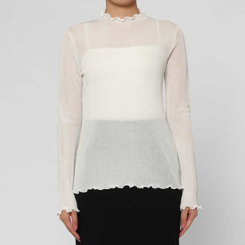 BARNEYS NEW YORK ウォッシャブル シアー素材ラメニットプルオーバー WHITE
