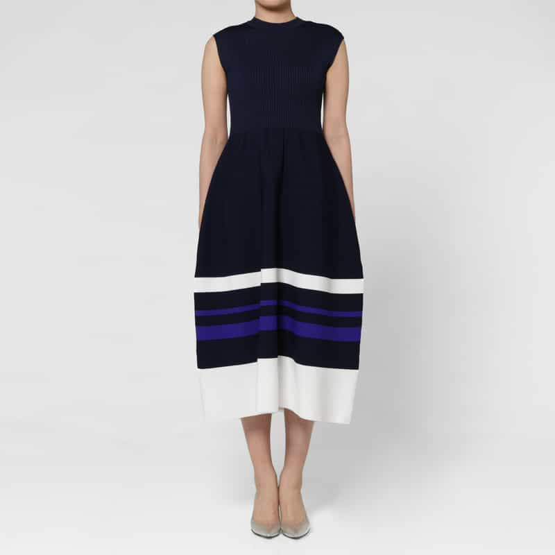 BARNEYS NEW YORK ウォッシャブル ノースリーブ ランダムマルチラインニットドレス NAVY