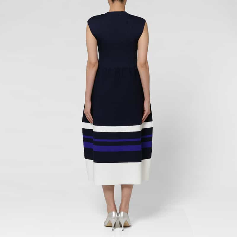 BARNEYS NEW YORK ウォッシャブル ノースリーブ ランダムマルチラインニットドレス NAVY
