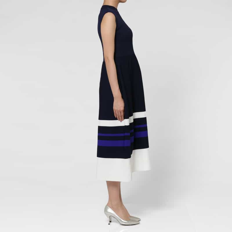 BARNEYS NEW YORK ウォッシャブル ノースリーブ ランダムマルチラインニットドレス NAVY