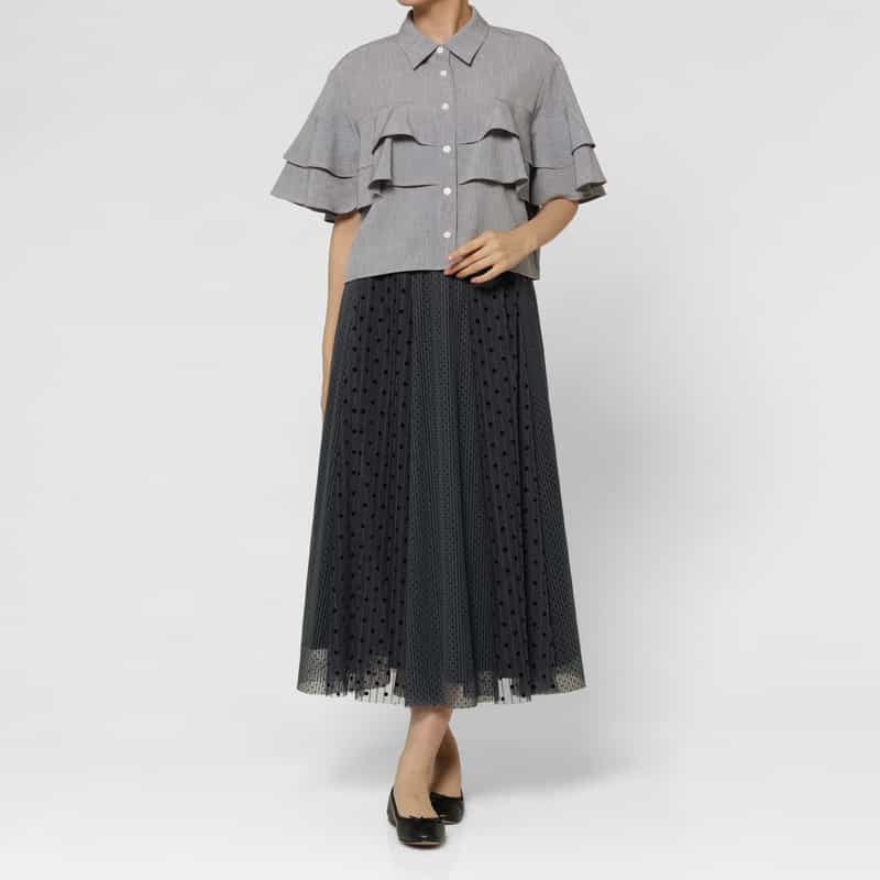 BARNEYS NEW YORK ウォッシャブル リネンライク ラッフルブラウス NAVY