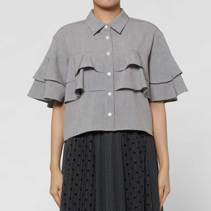 BARNEYS NEW YORK ウォッシャブル リネンライク ラッフルブラウス NAVY
