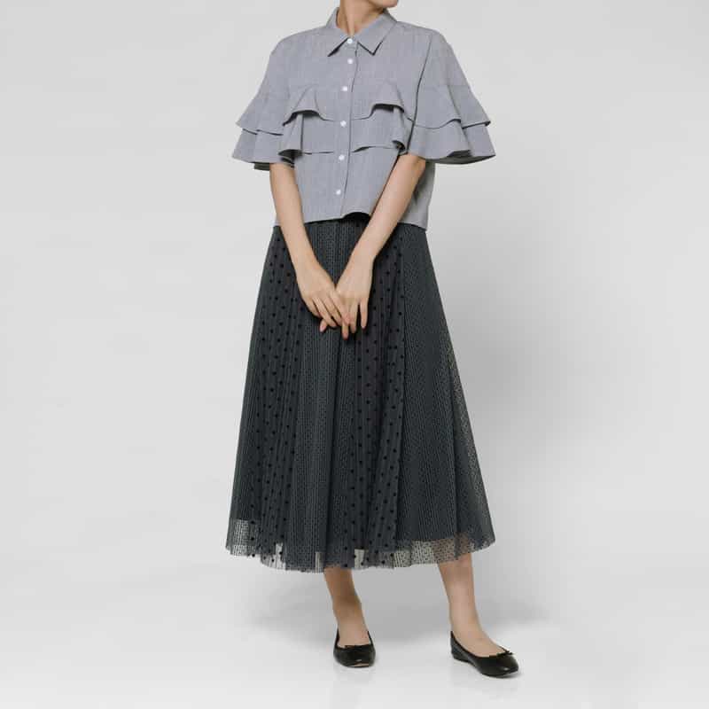 BARNEYS NEW YORK ドッド柄 チュールコンビネーションストライプデザインスカート GRAY
