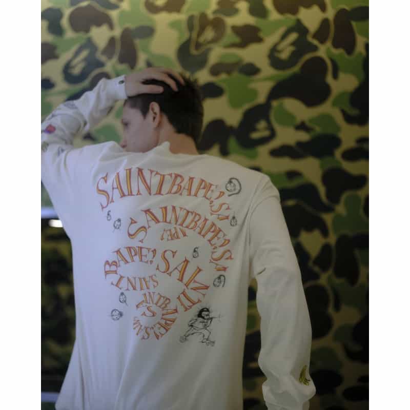 SAINT MXXXXXX SAINT MXXXXXX＜セント マイケル＞ ヴィンテージ加工ロングスリーブTシャツ“BAPE（R）" WHITE