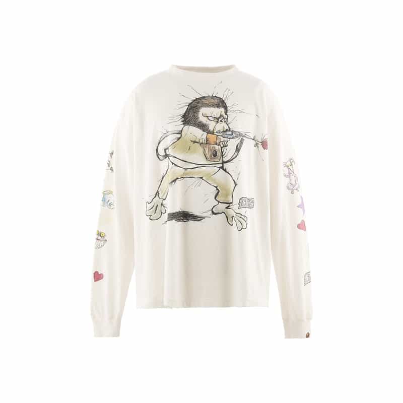 SAINT MXXXXXX SAINT MXXXXXX＜セント マイケル＞ ヴィンテージ加工ロングスリーブTシャツ“BAPE（R）" WHITE