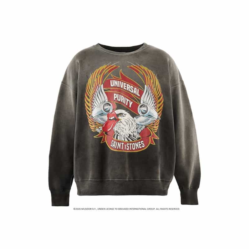 SAINT MXXXXXX SAINT MXXXXXX＜セント マイケル＞ ヴィンテージ加工スウェットプルオーバー“The Rolling Stones" BLACK