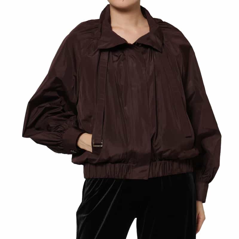 BARNEYS NEW YORK タフタ素材 ベルトデザイン ジップアップブルゾン BROWN