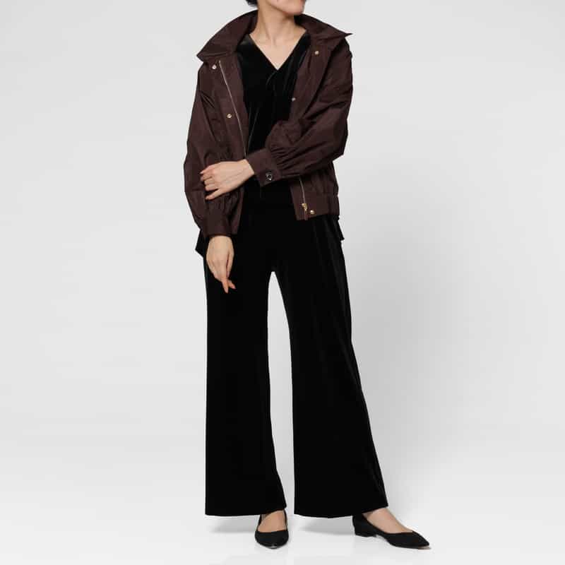BARNEYS NEW YORK タフタ素材 ベルトデザイン ジップアップブルゾン BROWN