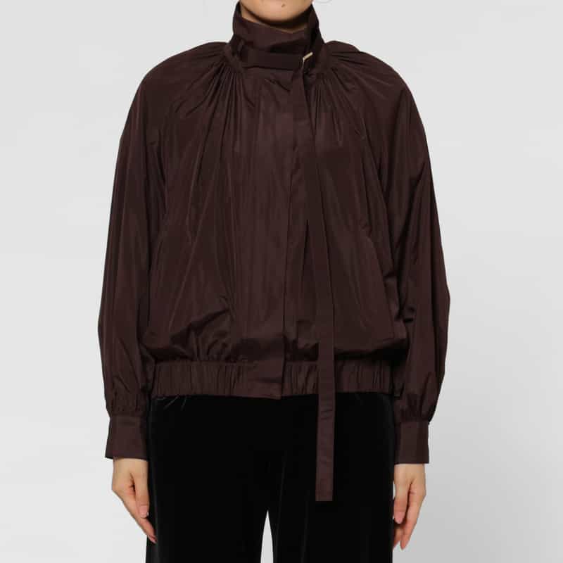 BARNEYS NEW YORK タフタ素材 ベルトデザイン ジップアップブルゾン BROWN