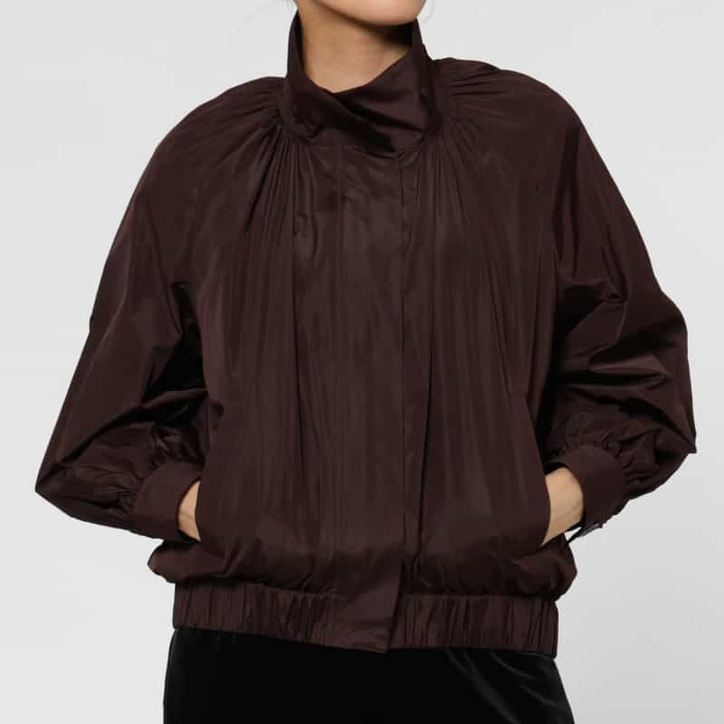 BARNEYS NEW YORK タフタ素材 ベルトデザイン ジップアップブルゾン BROWN