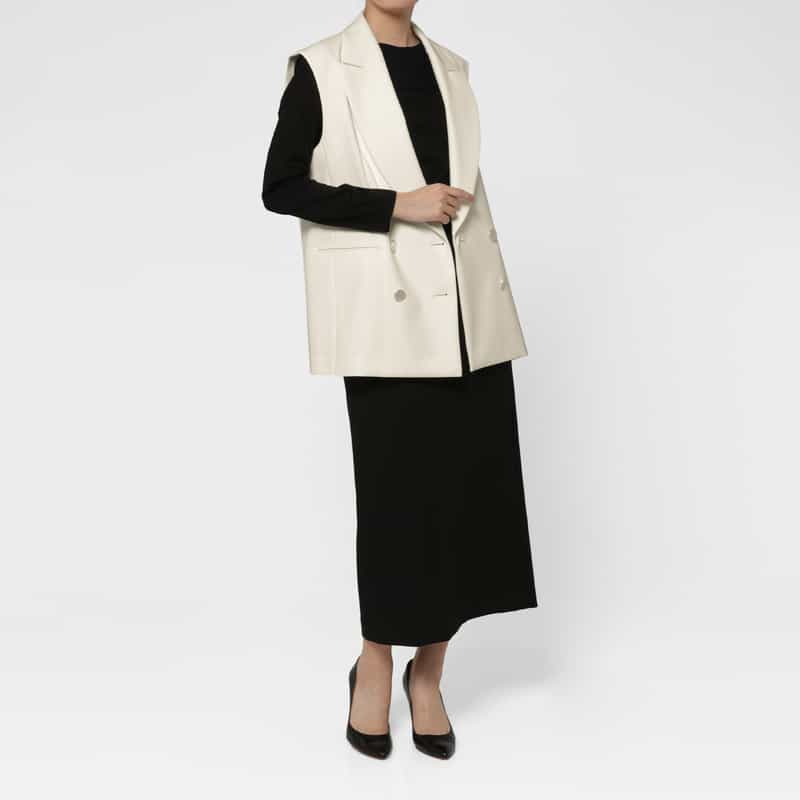 BARNEYS NEW YORK ダブルクロスストレッチ ダブルブレストジレ WHITE