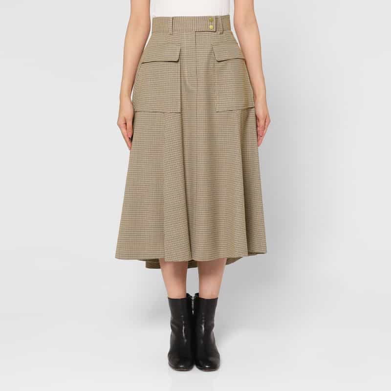 BARNEYS NEW YORK 千鳥格子柄 Aラインサファリスカート BROWN